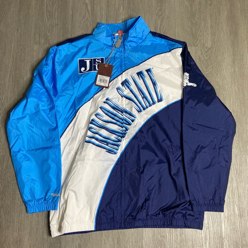 Blue and White Jackson State Windbreaker